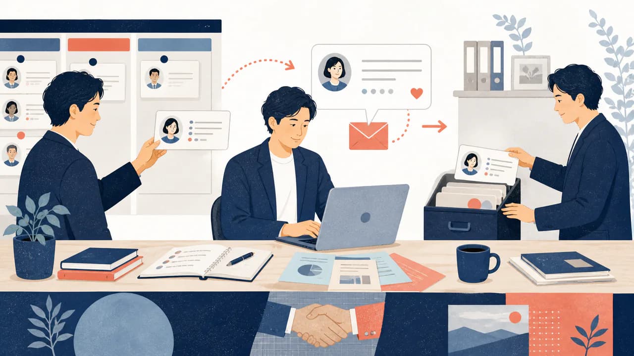 募集担当者が応募者へ連絡し募集カードを整理して保管する編集イラスト