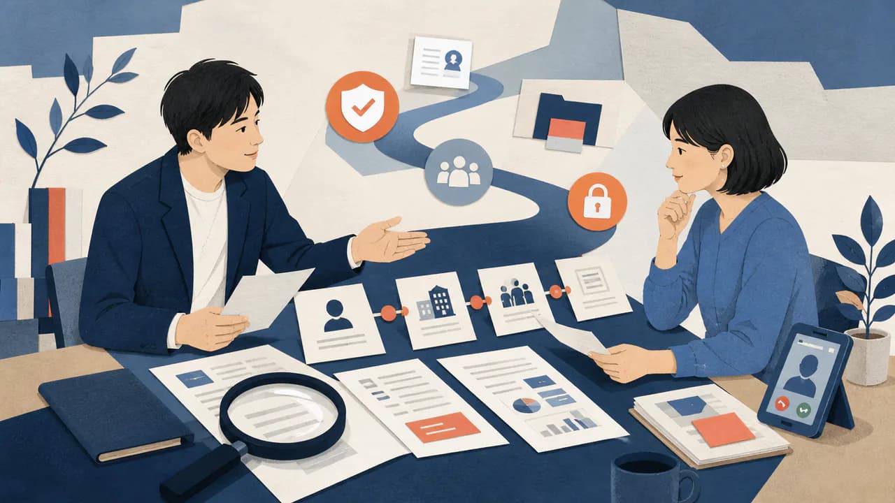 共同創業者候補と経歴資料や実績の時系列を確認する編集イラスト
