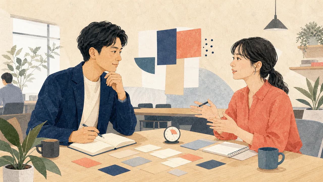 共同創業者候補の二人が机で面談の論点を確認する編集イラスト
