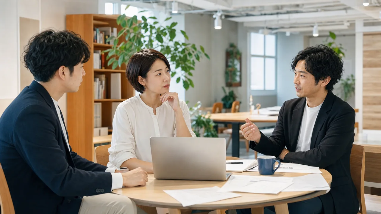 起業仲間候補と事業について話し合う様子