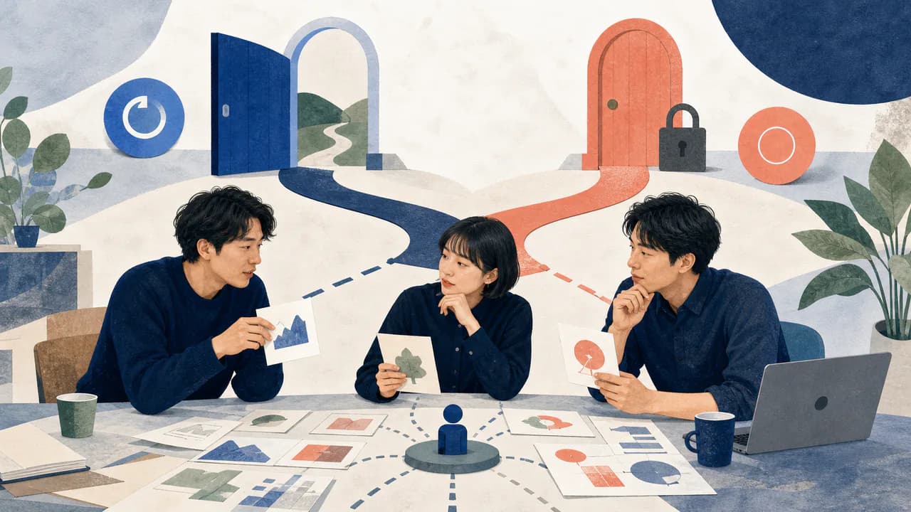 共同創業チームが証拠を比較し二つの判断経路を選ぶ編集イラスト
