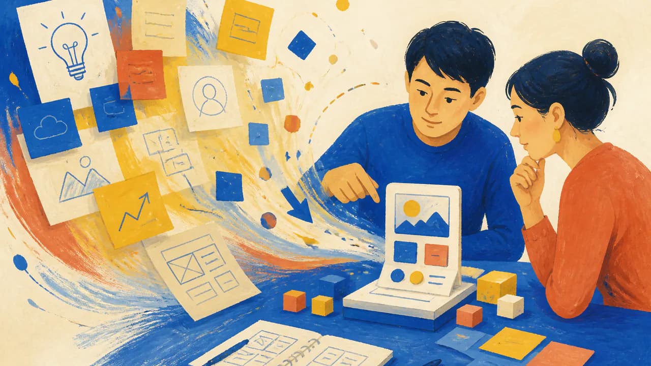 アイデア段階の構想を整理し試作品へ進めるチームのイラスト