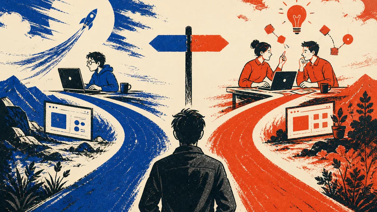 一人起業と共同創業の異なる道と利点を比較する版画風イラスト