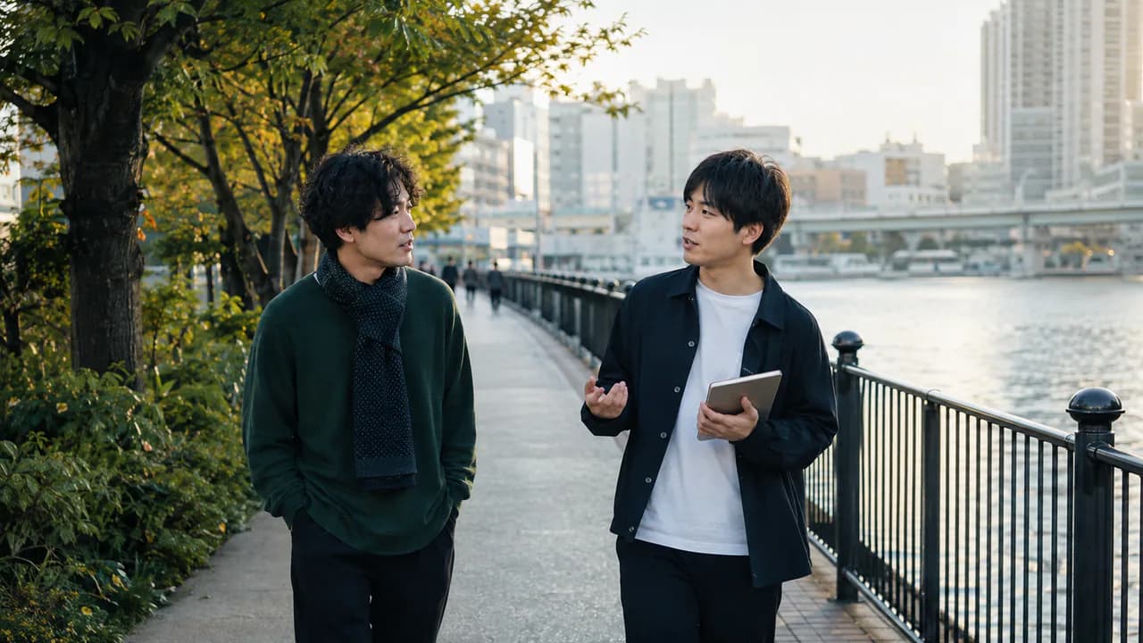 川沿いを歩きながら起業について話す二人の友人