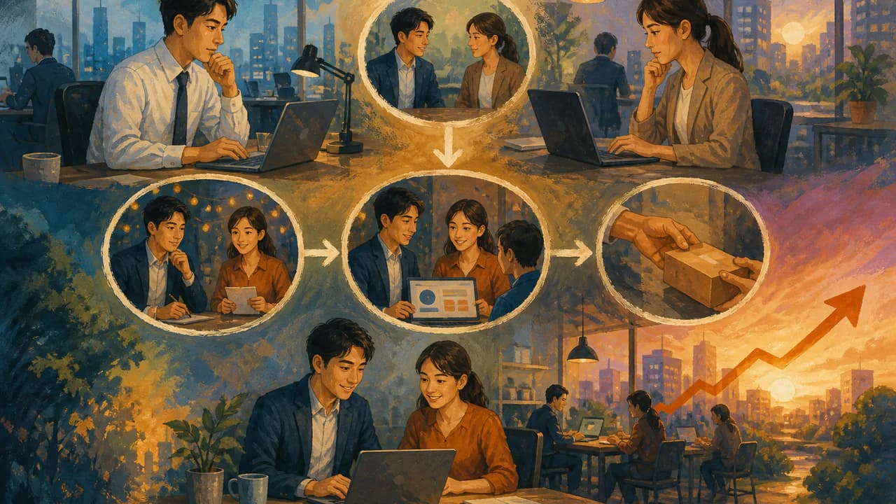 副業仲間と顧客検証や有償実験を重ねて起業するイラスト