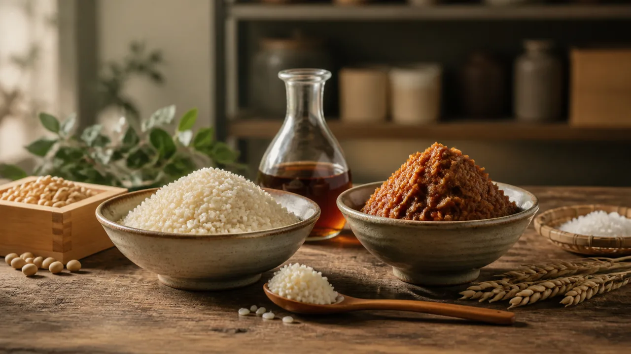木の作業台に並ぶ米麹と味噌、発酵調味料の素材