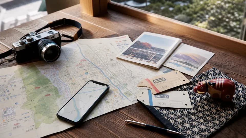 地域の旅を計画する地図とカメラ