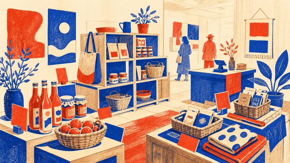 地域の商品が並ぶ期間限定ショップのリソグラフ風イラスト