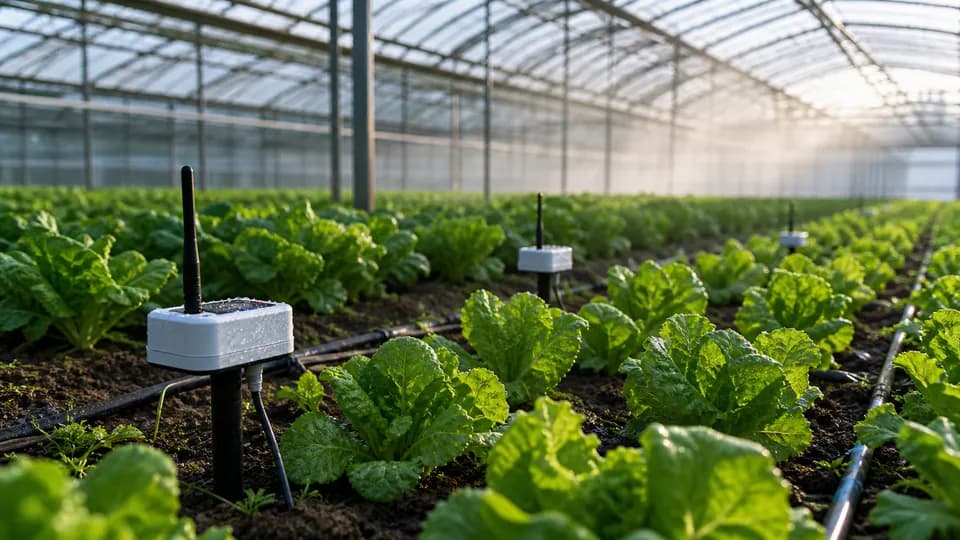 ビニールハウス内の野菜と農業用センサー