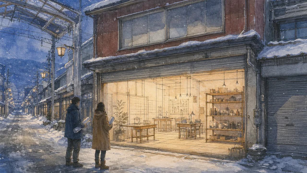 雪国の空き店舗を小さな事業拠点へ改修する構想の水彩画