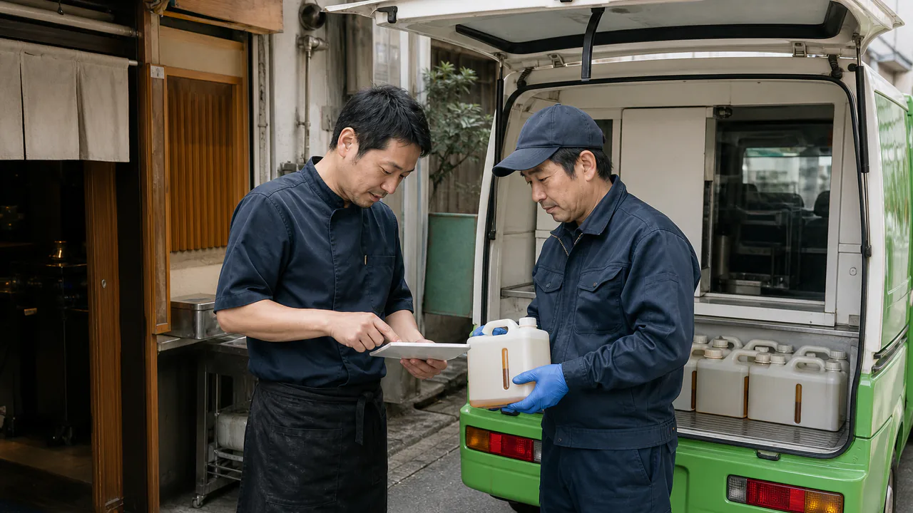 飲食店から廃食油の容器を回収する地域実証の様子