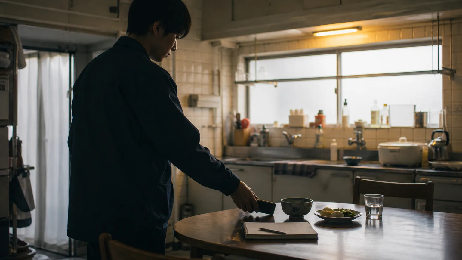 夜勤明けに食事と生活記録を確認する若い利用者