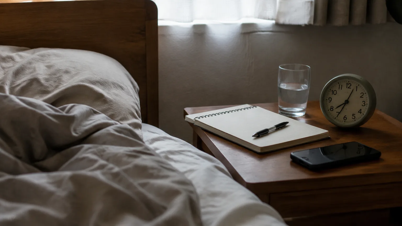 睡眠記録をつける人の朝のベッドサイド